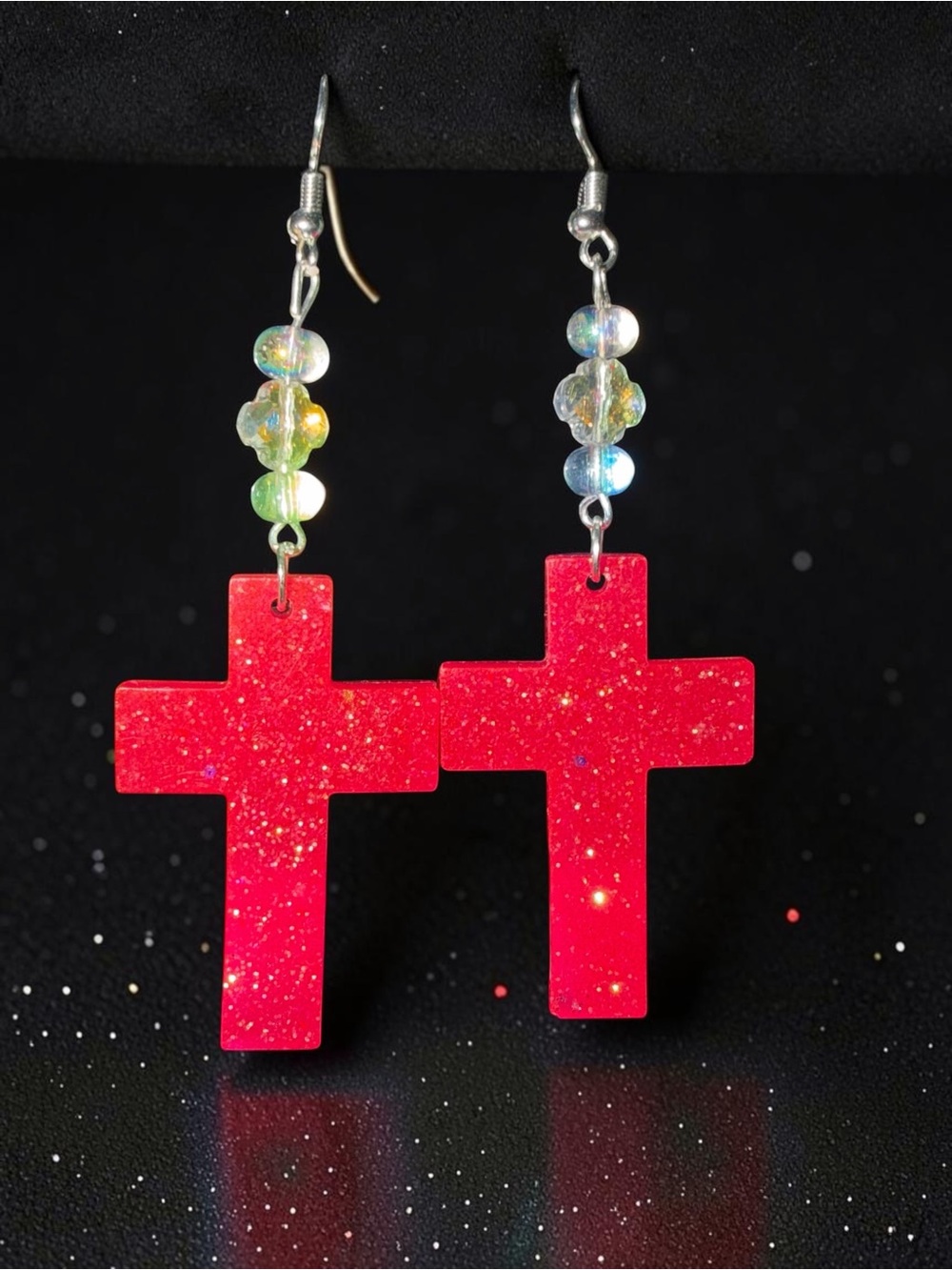 Handmade Hot Pink Glitter Cross Resin Beaded Dangle Earrings